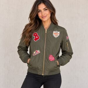 Ci Sono Originals Bomber Jacket Womens M Olive Green Patches Orange Lining
